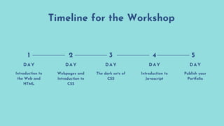 Timeline for the Workshop
D A Y
Webpages and
Introduction to
CSS
D A Y
Introduction to
the Web and
HTML
D A Y
The dark arts of
CSS
D A Y
Introduction to
Javascript
D A Y
Publish your
Portfolio
1 2 3 4 5
 