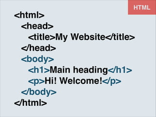 HTML

<html>!
! <head>!
! ! <title>My Website</title>!
! </head>!
! <body>!
! ! <h1>Main heading</h1>!
! ! <p>Hi! Welcome!</p>!
! </body>!
</html>

 