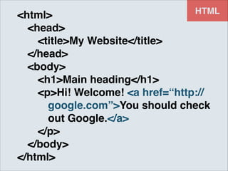 HTML

<html>!
! <head>!
! ! <title>My Website</title>!
! </head>!
! <body>!
! ! <h1>Main heading</h1>!
! ! <p>Hi! Welcome! <a href=“http://!
! ! ! google.com”>You should check!
! ! ! out Google.</a>!
! ! </p>!
! </body>!
</html>

 