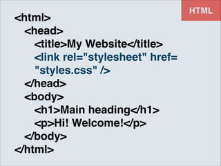 <html>!
! <head>!
! ! <title>My Website</title>!
! ! <link rel="stylesheet" href=!
! ! "styles.css" />!
! </head>!
! <body>!
! ! <h1>Main heading</h1>!
! ! <p>Hi! Welcome!</p>!
! </body>!
</html>

HTML

 