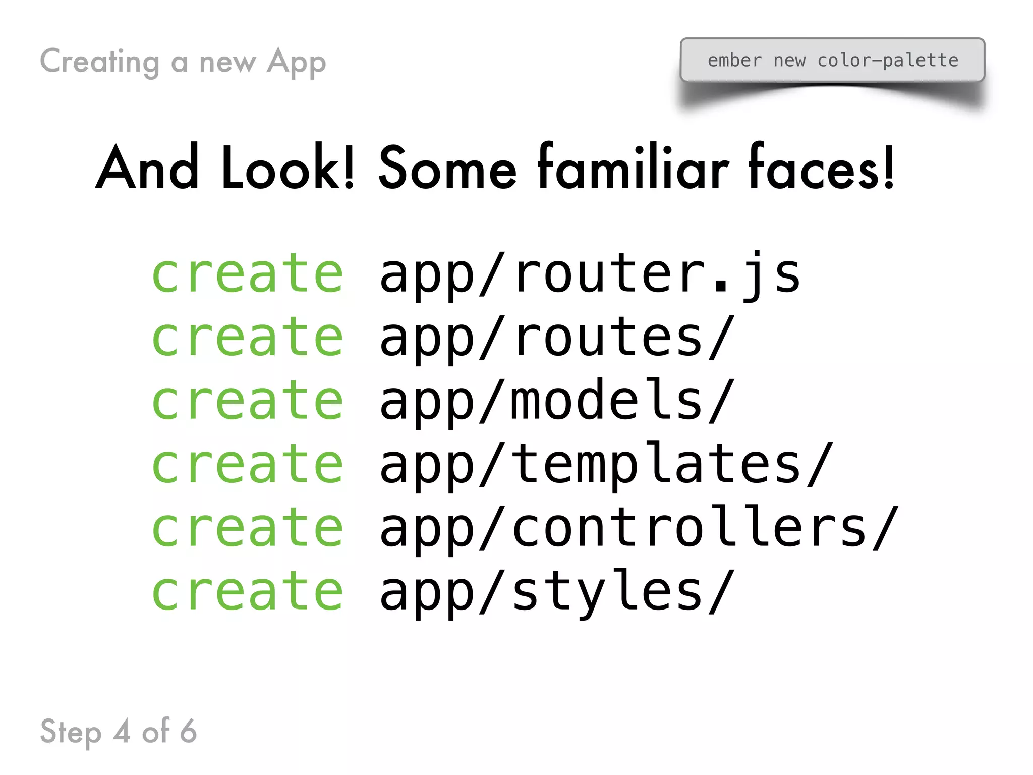 create app/router.js
create app/routes/
create app/models/
create app/templates/
create app/controllers/
create app/styles/
And Look! Some familiar faces!
Step 4 of 6
Creating a new App ember new color-palette
 