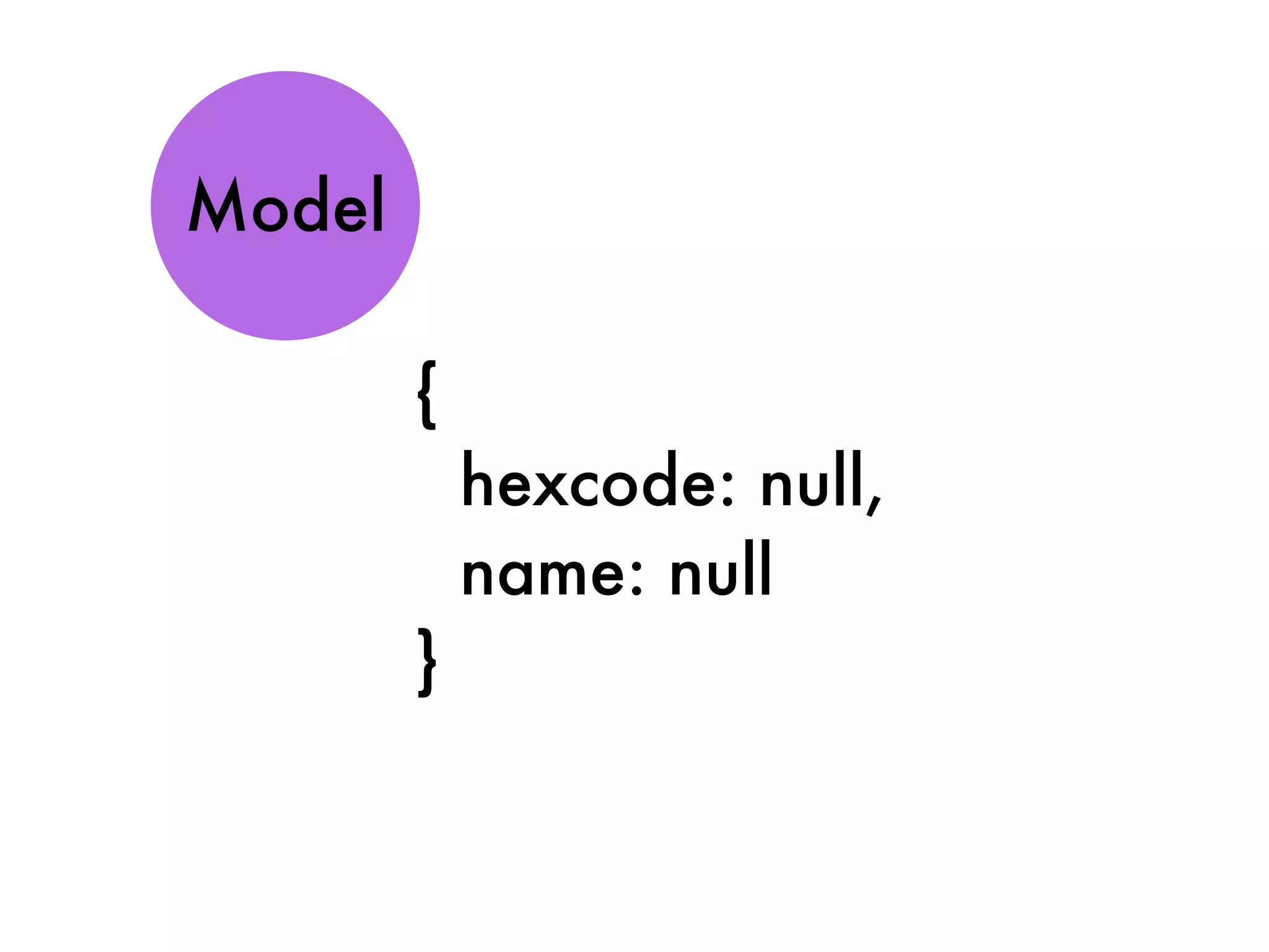 {
hexcode: null,
name: null
}
Model
 