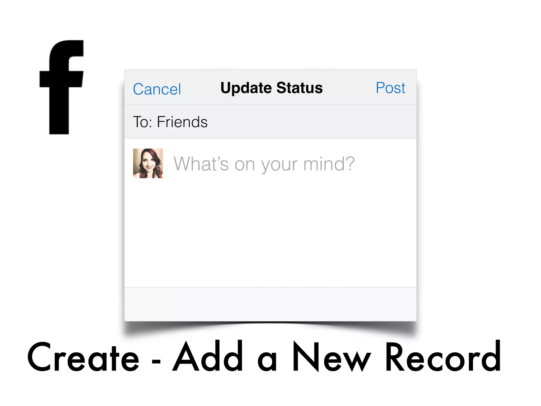 What’s on your mind?
PostCancel
To: Friends
Update Status
Create - Add a New Record
 