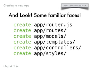 create app/router.js
create app/routes/
create app/models/
create app/templates/
create app/controllers/
create app/styles/
And Look! Some familiar faces!
Step 4 of 6
Creating a new App ember new color-palette
 