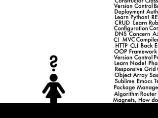 ?
CRUD
MVC
HTTP
DNS
CLI
OOP Framework
Back En
Compiler
ConConﬁguration
Concern
Learn Python!
Learn Rub
Learn Node!
AJ
Responsive Grid
Phan
G
RES
Deployment Auth
Sublime Emacs Te
Package Manage
Algorithm
Object Array Sas
Router
CI
Magnets, How do
Version ControlPr
Version Control Br
Constructor Class
 