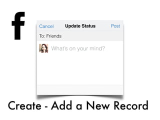 What’s on your mind?
PostCancel
To: Friends
Update Status
Create - Add a New Record
 