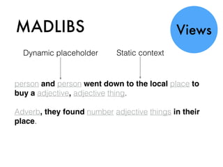 MADLIBS Views
person and person went down to the local place to
buy a adjective, adjective thing.
Adverb, they found number adjective things in their
place.
Dynamic placeholder Static context
 