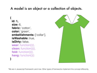 {
id: 1,
size: 6,
fabric: ‘cotton’,
color: ‘green’,
embellishments: [‘collar’],
isWashable: true,
isDirty: false,
wear: function(){},
clean: function(){},
fold: function(){},
hang: function(){}
}
A model is an object or a collection of objects.
*We are in Javascript Framework Land now. Other types of frameworks implement this concept differently.
 