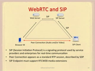 WebRTC	
  and	
  SIP	
  
Web	
  Server	
  	
  

SIP	
  

SIP	
  Server	
  

SIP	
  

Browser	
  M	
  

Peer	
  ConnecFon	
  (Audio	
  and/or	
  Video)	
  

SIP	
  Client	
  
	
  

•  SIP	
  (Session	
  IniFaFon	
  Protocol)	
  is	
  a	
  signaling	
  protocol	
  used	
  by	
  service	
  
providers	
  and	
  enterprises	
  for	
  real-­‐Fme	
  communcaFon	
  
•  Peer	
  ConnecFon	
  appears	
  as	
  a	
  standard	
  RTP	
  session,	
  described	
  by	
  SDP	
  
•  SIP	
  Endpoint	
  must	
  support	
  RTCWEB	
  media	
  extensions	
  	
  
	
  
AdhearsionConf	
  2013	
  

10	
  

 