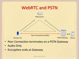 WebRTC	
  and	
  PSTN	
  
Web	
  Server	
  

Peer	
  ConnecFon	
  (Audio)	
  
PSTN	
  Gateway	
  

Browser	
  M	
  

Phone	
  

•  Peer	
  ConnecFon	
  terminates	
  on	
  a	
  PSTN	
  Gateway	
  
•  Audio	
  Only	
  
•  EncrypFon	
  ends	
  at	
  Gateway	
  
AdhearsionConf	
  2013	
  

12	
  

 
