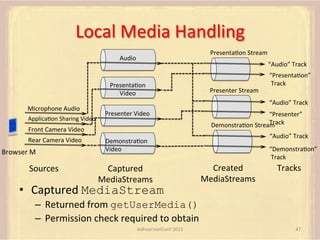 Local	
  Media	
  Handling	
  
PresentaFon	
  Stream	
  

Audio	
  

“Audio”	
  Track	
  

PresentaFon	
  
Video	
  
Microphone	
  Audio	
  
ApplicaFon	
  Sharing	
  Video	
  

Presenter	
  Stream	
  

“Audio”	
  Track	
  
Presenter	
  Video	
  

“Presenter”	
  	
  
Track	
  
DemonstraFon	
  Stream	
  

Front	
  Camera	
  Video	
  
Rear	
  Camera	
  Video	
  

Browser	
  M	
  

Sources	
  

“PresentaFon”	
  
	
  Track	
  

“Audio”	
  Track	
  

DemonstraFon	
  
Video	
  

Captured	
  
MediaStreams	
  

•  Captured	
  MediaStream	
  

“DemonstraFon”	
  
	
  Track	
  

Created	
  
MediaStreams	
  

Tracks	
  

–  Returned	
  from	
  getUserMedia()
–  Permission	
  check	
  required	
  to	
  obtain	
  
AdhearsionConf	
  2013	
  

47	
  

 