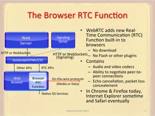 The	
  Browser	
  RTC	
  FuncFon	
  
Web	
  
Server	
  

Signaling	
  
Server	
  

HTTP	
  or	
  WebSockets	
  
	
  
JavaScript/HTML/CSS	
  
Other	
  APIs	
  
Web	
  
Browser	
  

•  WebRTC	
  adds	
  new	
  Real-­‐
Time	
  CommunicaFon	
  (RTC)	
  
FuncFon	
  built-­‐in	
  to	
  
browsers	
  

–  No	
  download	
  
HTTP	
  or	
  WebSockets	
  –  No	
  Flash	
  or	
  other	
  plugins	
  
	
   (Signaling)	
  

•  Contains	
  

–  Audio	
  and	
  video	
  codecs	
  
–  Ability	
  to	
  negoFate	
  peer-­‐to-­‐
peer	
  connecFons	
  
On-­‐the-­‐wire	
  protocols	
  
–  Echo	
  cancellaFon,	
  packet	
  loss	
  
(Media	
  or	
  Data)	
  
concealement	
  

RTC	
  APIs	
  

Browser	
  
RTC	
  
FuncFon	
  

NaFve	
  OS	
  Services	
  

•  In	
  Chrome	
  &	
  Firefox	
  today,	
  
Internet	
  Explorer	
  someFme	
  
and	
  Safari	
  eventually	
  

AdhearsionConf	
  2013	
  

5	
  

 