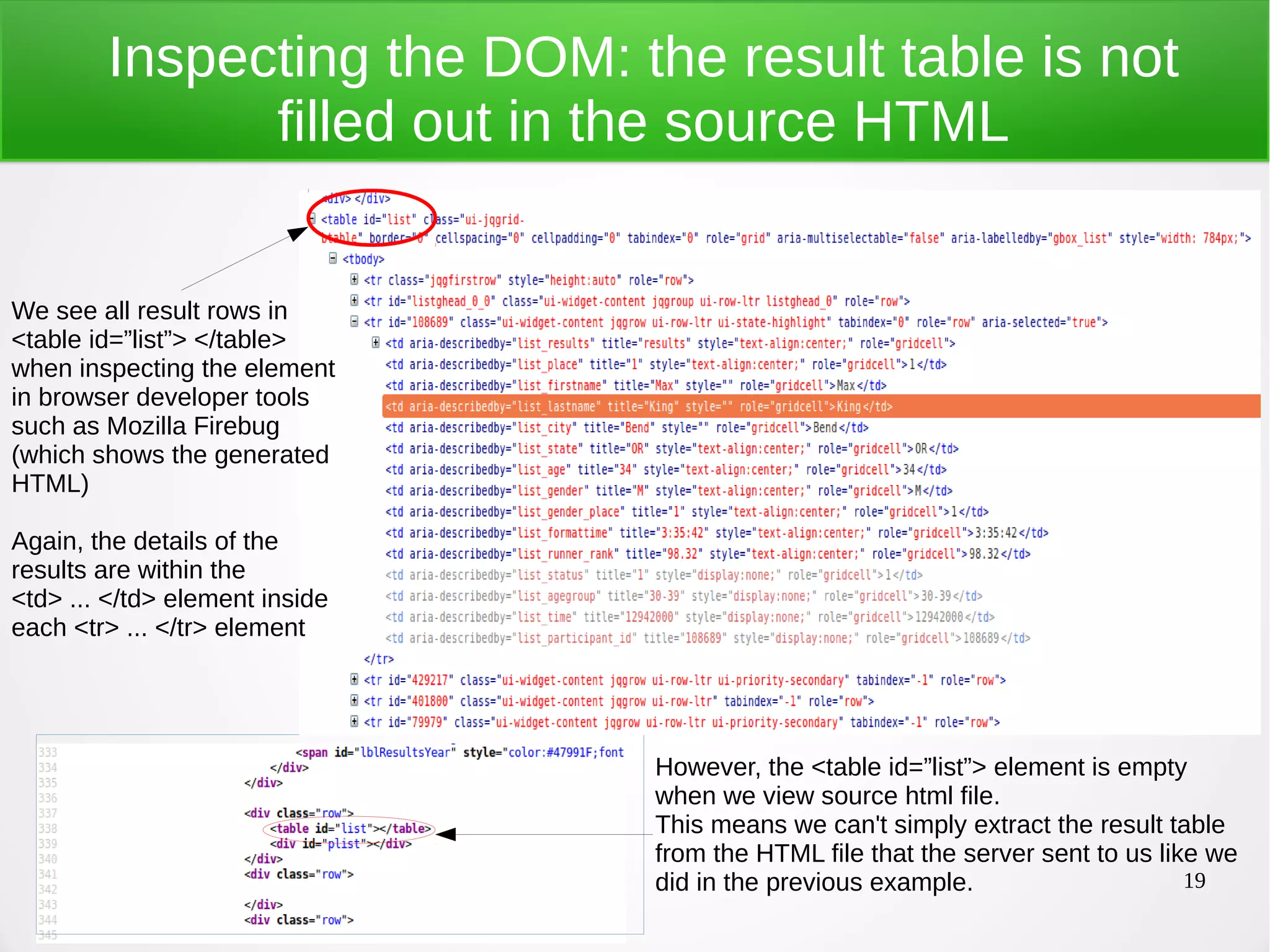 19 Inspecting the DOM: the result table is not filled out in the source HTML However, the <table id=”list”> element is empty when we view source html file. This means we can't simply extract the result table from the HTML file that the server sent to us like we did in the previous example. We see all result rows in <table id=”list”> </table> when inspecting the element in browser developer tools such as Mozilla Firebug (which shows the generated HTML) Again, the details of the results are within the <td> ... </td> element inside each <tr> ... </tr> element 