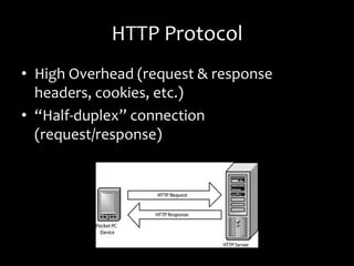 HTTP Protocol
• High Overhead (request & response
  headers, cookies, etc.)
• “Half-duplex” connection
  (request/response)
 