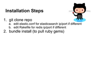 Installation Steps
1. git clone repo
   a. edit elastic.conf for elasticsearch ip/port if different
   b. edit Rakefile for redis ip/port if different
2. bundle install (to pull ruby gems)
 