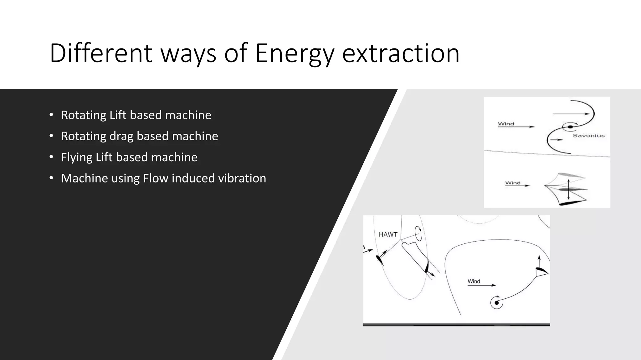 Different ways of Energy extraction
• Rotating Lift based machine
• Rotating drag based machine
• Flying Lift based machine
• Machine using Flow induced vibration
 