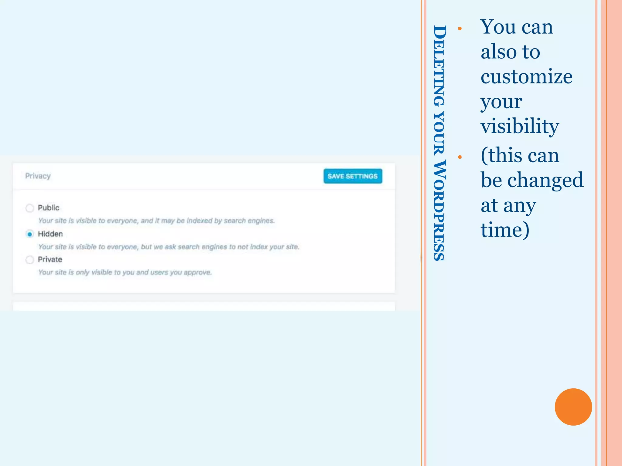 DELETINGYOURWORDPRESS
• You can
also to
customize
your
visibility
• This can be
changed at
any time
 