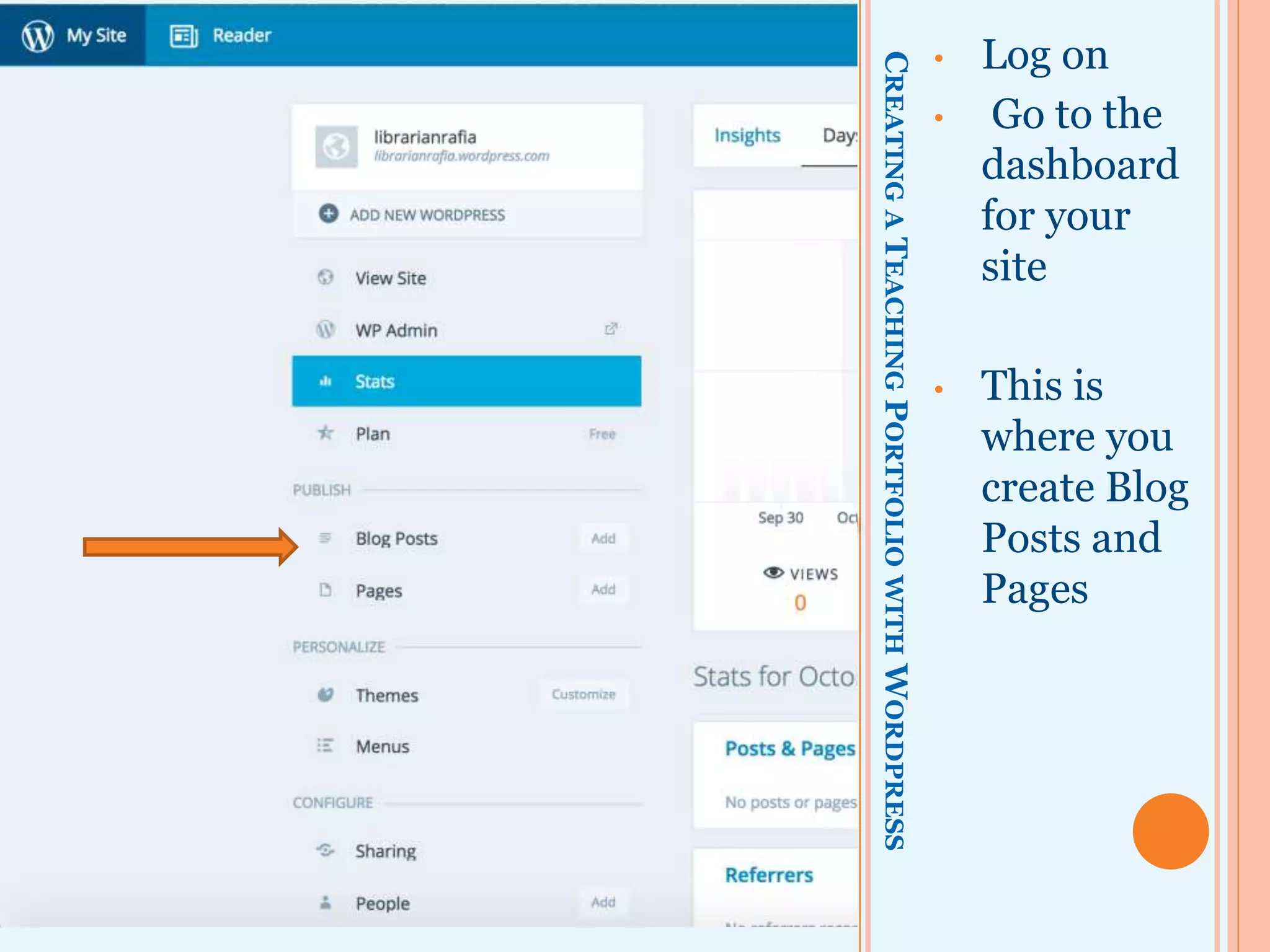 CREATINGATEACHINGPORTFOLIOWITHWORDPRESS
• Log on
• Go to the
dashboard
for your
site
• This is
where you
create Blog
Posts and
Pages
 