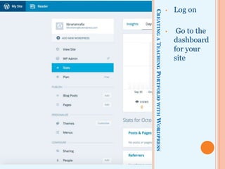 CREATINGATEACHINGPORTFOLIOWITHWORDPRESS
• Log on
• Go to the
dashboard
for your
site
 
