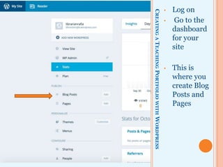 CREATINGATEACHINGPORTFOLIOWITHWORDPRESS
• Log on
• Go to the
dashboard
for your
site
• This is
where you
create Blog
Posts and
Pages
 