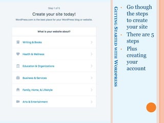 GETTINGSTARTEDWITHWORDPRESS
• Go though
the steps
to create
your site
• There are 5
steps
• Plus
creating
your
account
 