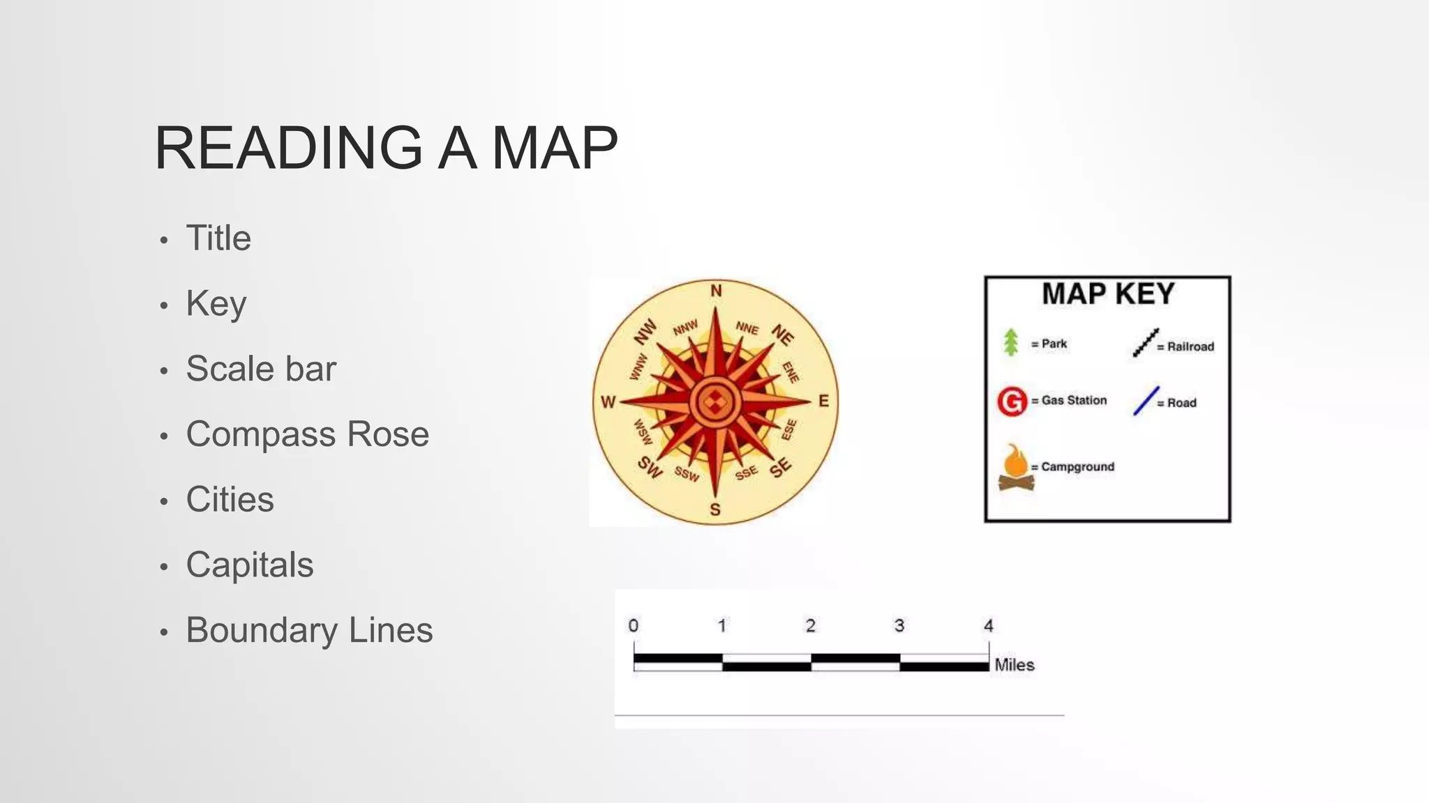 READING A MAP
• Title
• Key
• Scale bar
• Compass Rose
• Cities
• Capitals
• Boundary Lines
 