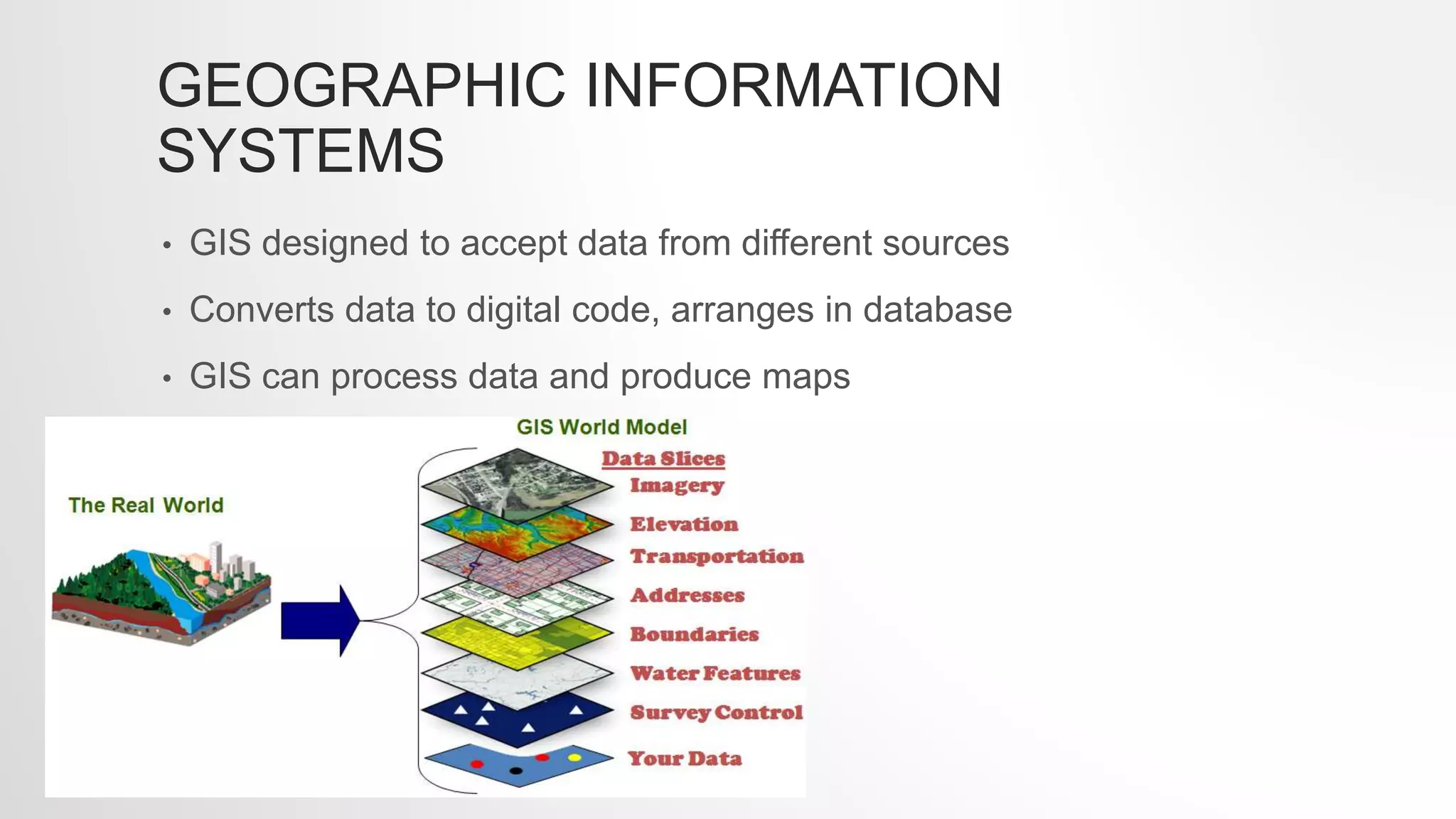 GEOGRAPHIC INFORMATION
SYSTEMS
• GIS designed to accept data from different sources
• Converts data to digital code, arranges in database
• GIS can process data and produce maps
 