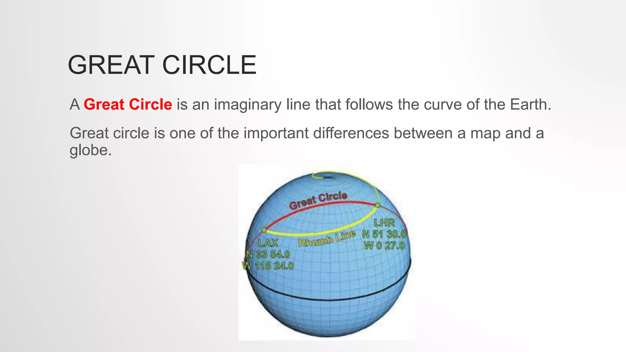 GREAT CIRCLE
A Great Circle is an imaginary line that follows the curve of the Earth.
Great circle is one of the important differences between a map and a
globe.
 