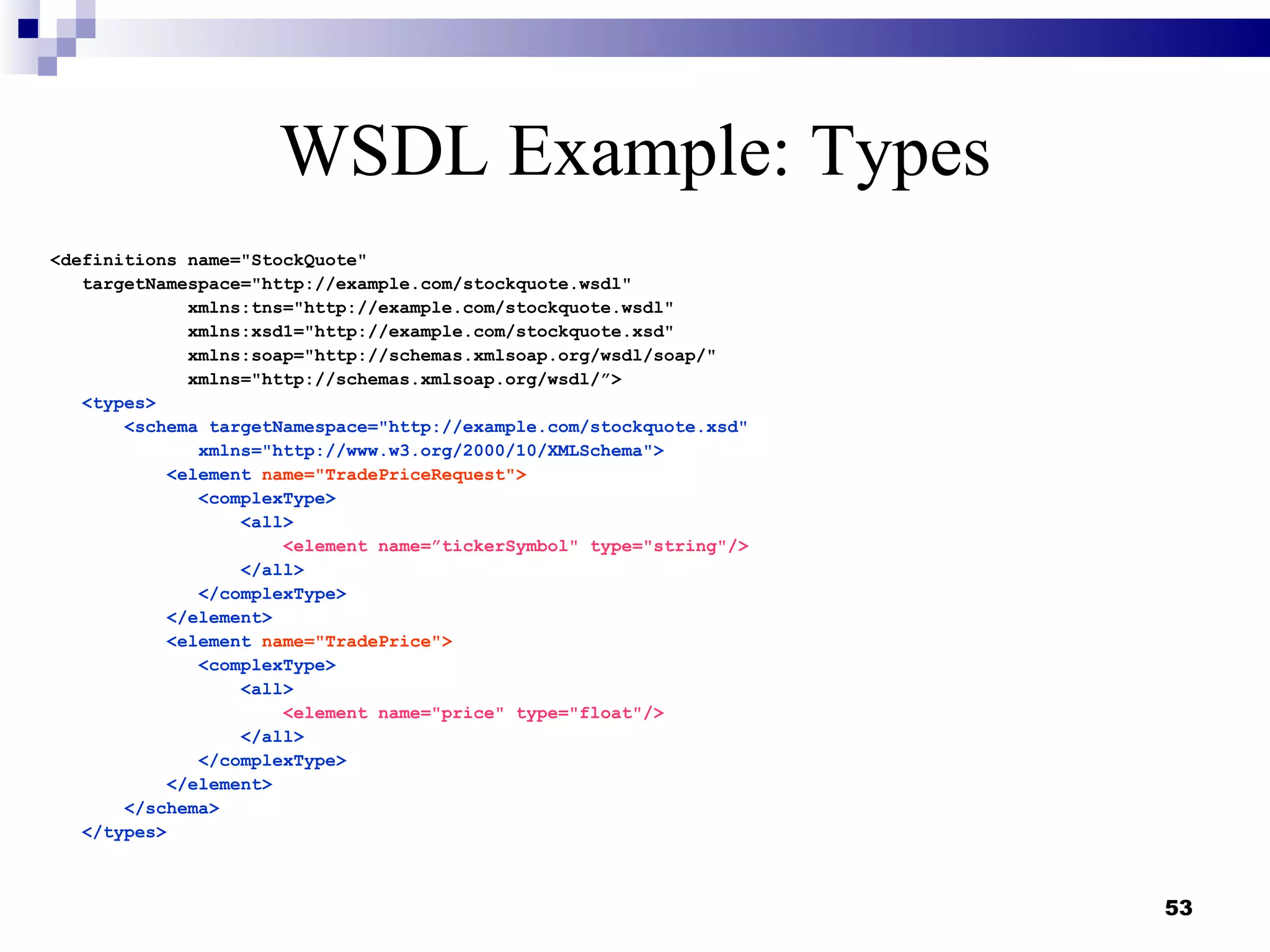 WSDL Example: Types
<definitions name="StockQuote"
   targetNamespace="http://example.com/stockquote.wsdl"
              xmlns:tns="http://example.com/stockquote.wsdl"
              xmlns:xsd1="http://example.com/stockquote.xsd"
              xmlns:soap="http://schemas.xmlsoap.org/wsdl/soap/"
              xmlns="http://schemas.xmlsoap.org/wsdl/”>
   <types>
       <schema targetNamespace="http://example.com/stockquote.xsd"
               xmlns="http://www.w3.org/2000/10/XMLSchema">
            <element name="TradePriceRequest">
               <complexType>
                   <all>
                       <element name=”tickerSymbol" type="string"/>
                   </all>
               </complexType>
            </element>
            <element name="TradePrice">
               <complexType>
                   <all>
                       <element name="price" type="float"/>
                   </all>
               </complexType>
            </element>
       </schema>
   </types>



                                                                      53
 