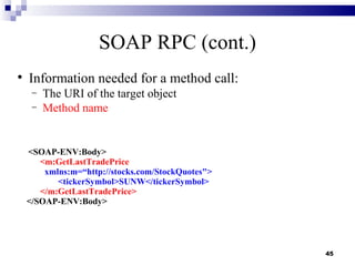 SOAP RPC (cont.)

    Information needed for a method call:
     −   The URI of the target object
     −   Method name


...