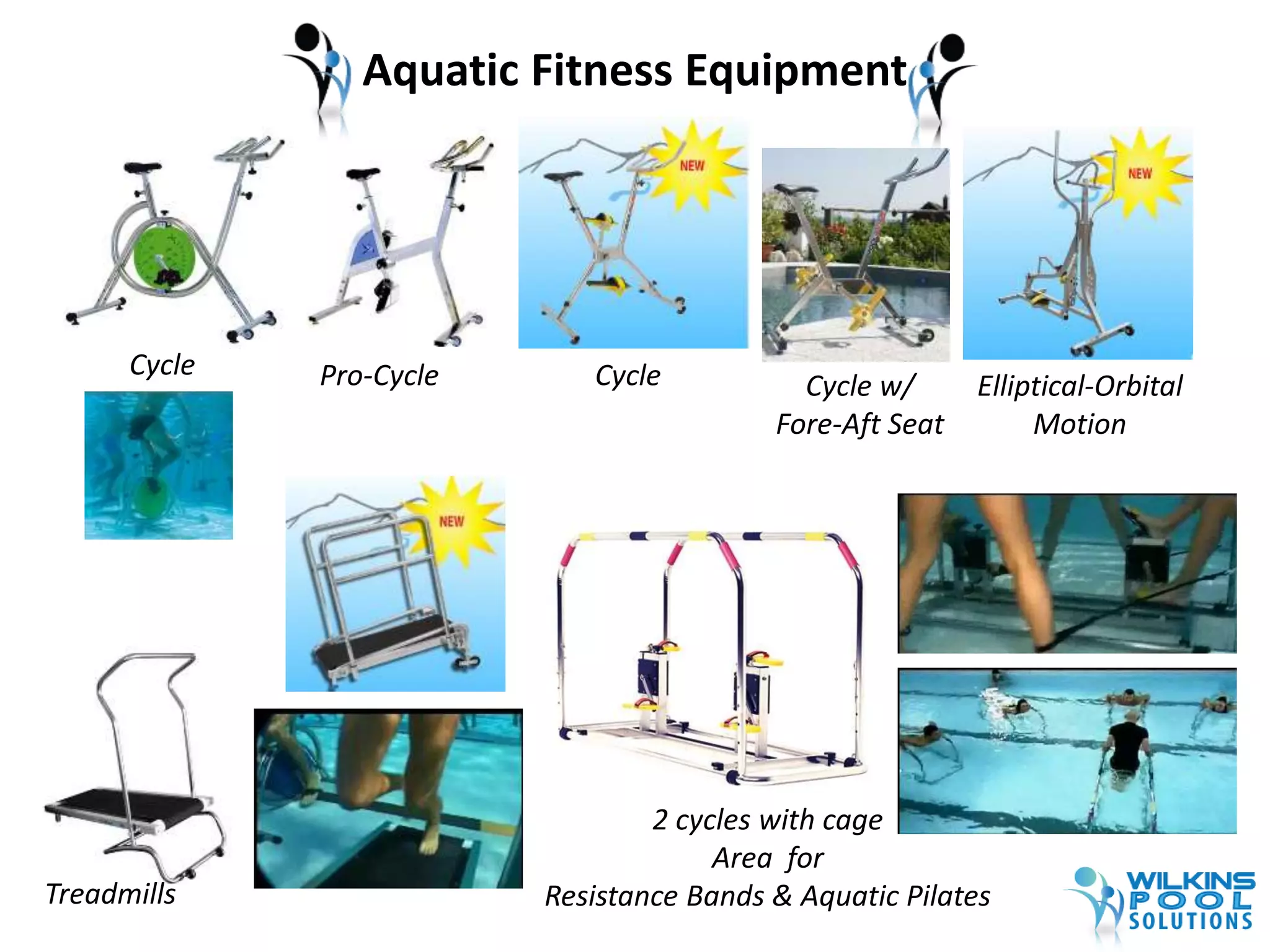 2 cycles with cage 
Area for 
Elliptical-Orbital 
Resistance Bands & Aquatic Pilates 
Motion 
Cycle Pro-Cycle Cycle Cycle w/ 
Fore-Aft Seat 
Treadmills 
Aquatic Fitness Equipment 
 