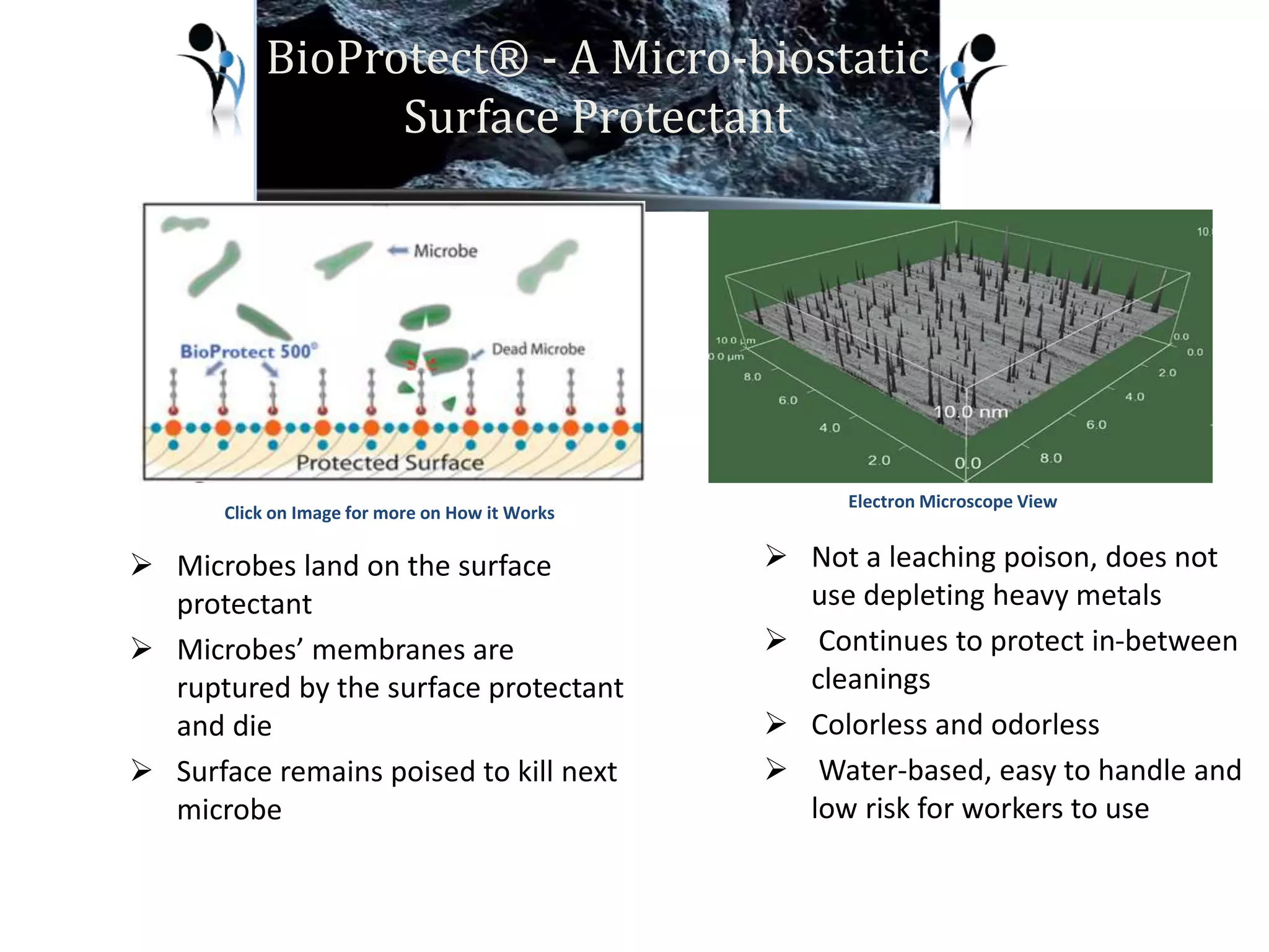 BioProtect® - A Micro-biostatic 
Surface Protectant 
 Microbes land on the surface 
protectant 
 Microbes’ membranes are 
ruptured by the surface protectant 
and die 
 Surface remains poised to kill next 
microbe 
 Not a leaching poison, does not 
use depleting heavy metals 
 Continues to protect in-between 
cleanings 
 Colorless and odorless 
 Water-based, easy to handle and 
low risk for workers to use 
Click on Image for more on How it Works 
Electron Microscope View 
 