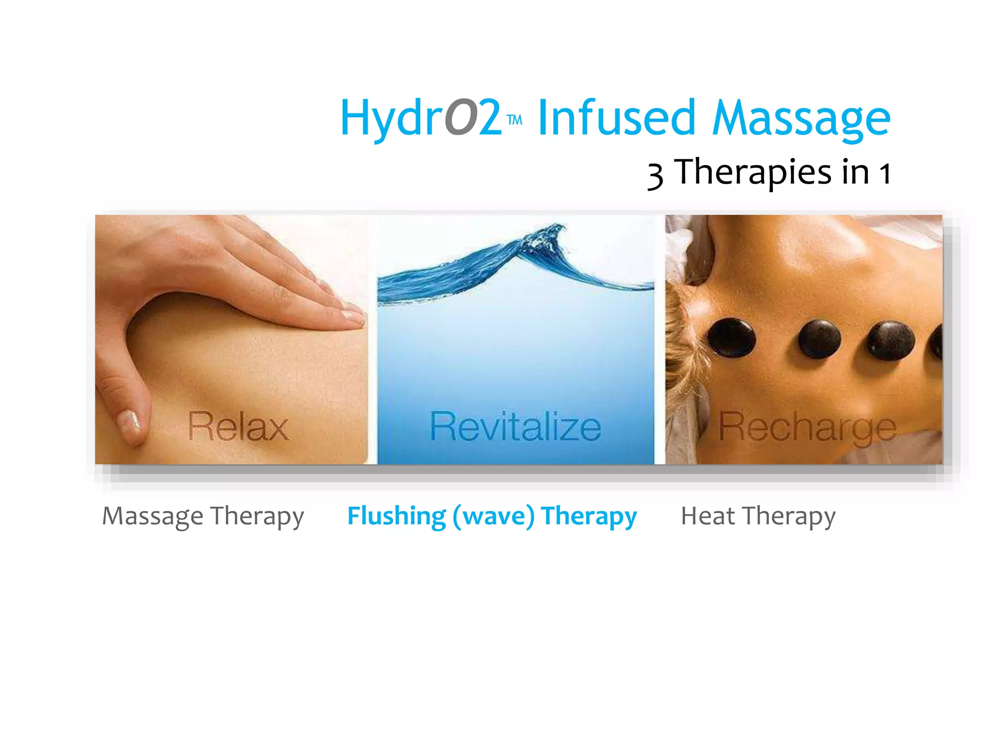 HydrO2™ Infused Massage 
3 Therapies in 1 
Massage Therapy Flushing (wave) Therapy Heat Therapy 
 