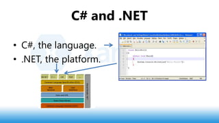 C# and .NET
• C#, the language.
• .NET, the platform.
 