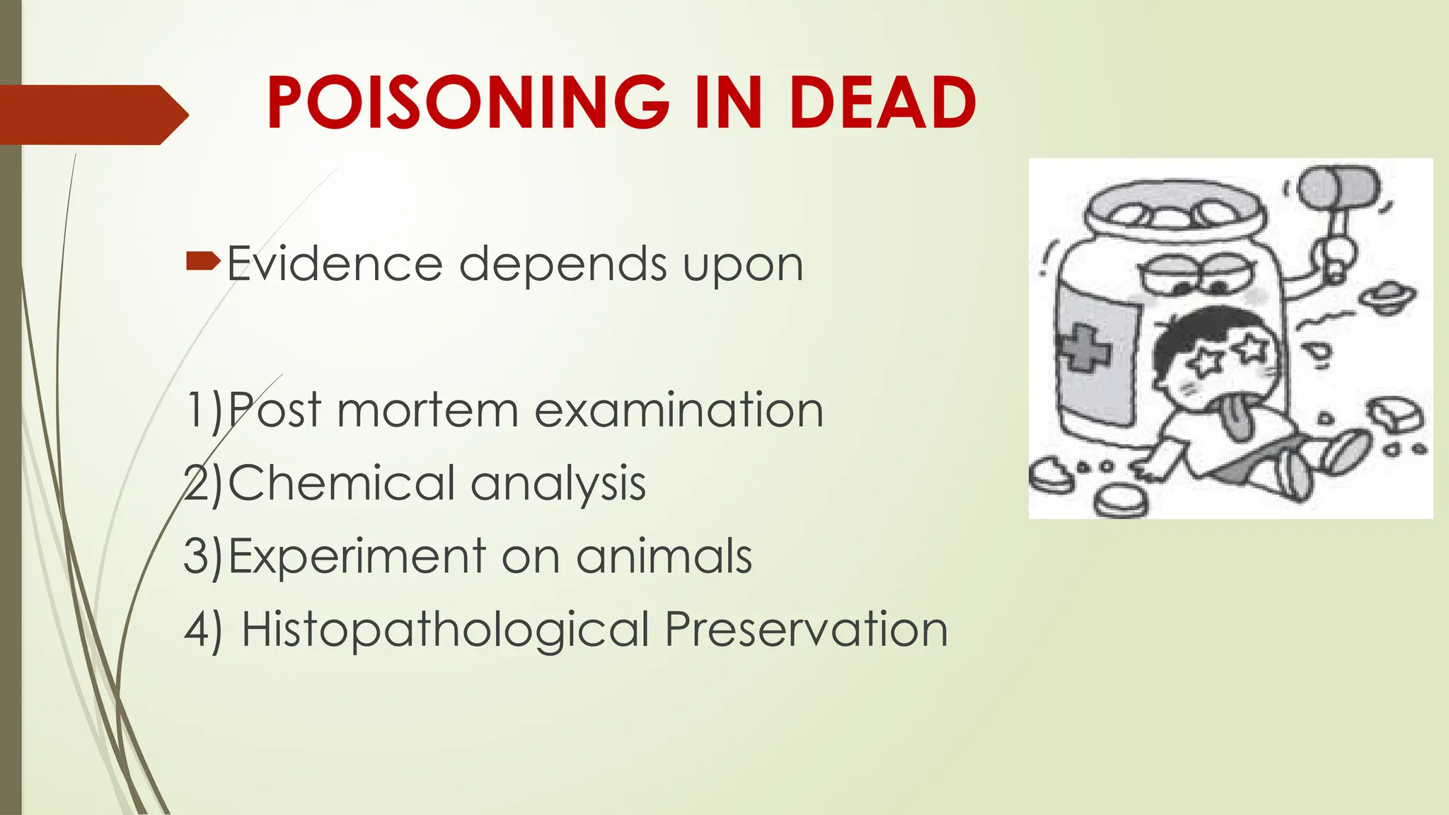 POISONING IN DEAD
Evidence depends upon
1)Post mortem examination
2)Chemical analysis
3)Experiment on animals
4) Histopathological Preservation
 