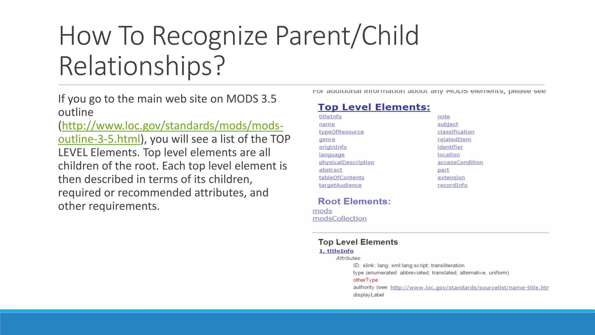 How To Recognize Parent/Child
Relationships?
If you go to the main web site on MODS 3.5
outline
(http://www.loc.gov/standards/mods/mods-
outline-3-5.html), you will see a list of the TOP
LEVEL Elements. Top level elements are all
children of the root. Each top level element is
then described in terms of its children,
required or recommended attributes, and
other requirements.
 