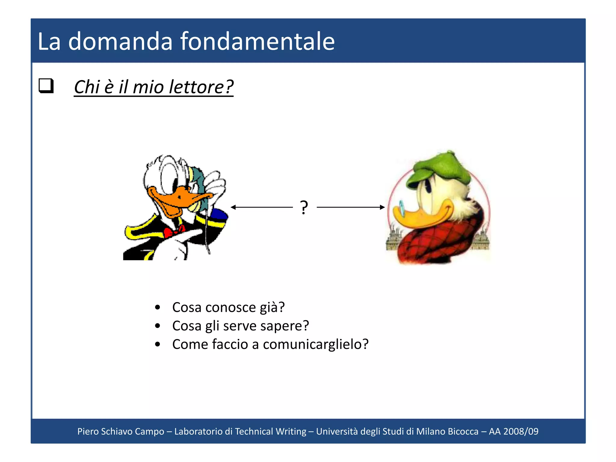La domanda fondamentale
 Chi è il mio lettore?




                                                        ?



                      • Cosa conosce già?
                      • Cosa gli serve sapere?
                      • Come faccio a comunicarglielo?




    Piero Schiavo Campo – Laboratorio di Technical Writing – Università degli Studi di Milano Bicocca – AA 2008/09
 