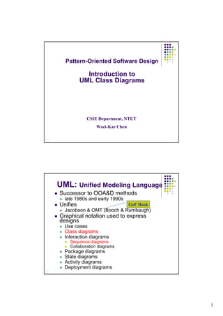 1
Pattern-Oriented Software Design
Introduction to
UML Class Diagrams
CSIE Department, NTUT
Woei-Kae Chen
UML: Unified Modeling Language
Successor to OOA&D methods
late 1980s and early 1990s
Unifies
Jacobson & OMT (Booch & Rumbaugh)
Graphical notation used to express
designs
Use cases
Class diagrams
Interaction diagrams
Sequence diagrams
Collaboration diagrams
Package diagrams
State diagrams
Activity diagrams
Deployment diagrams
GoF Book
 