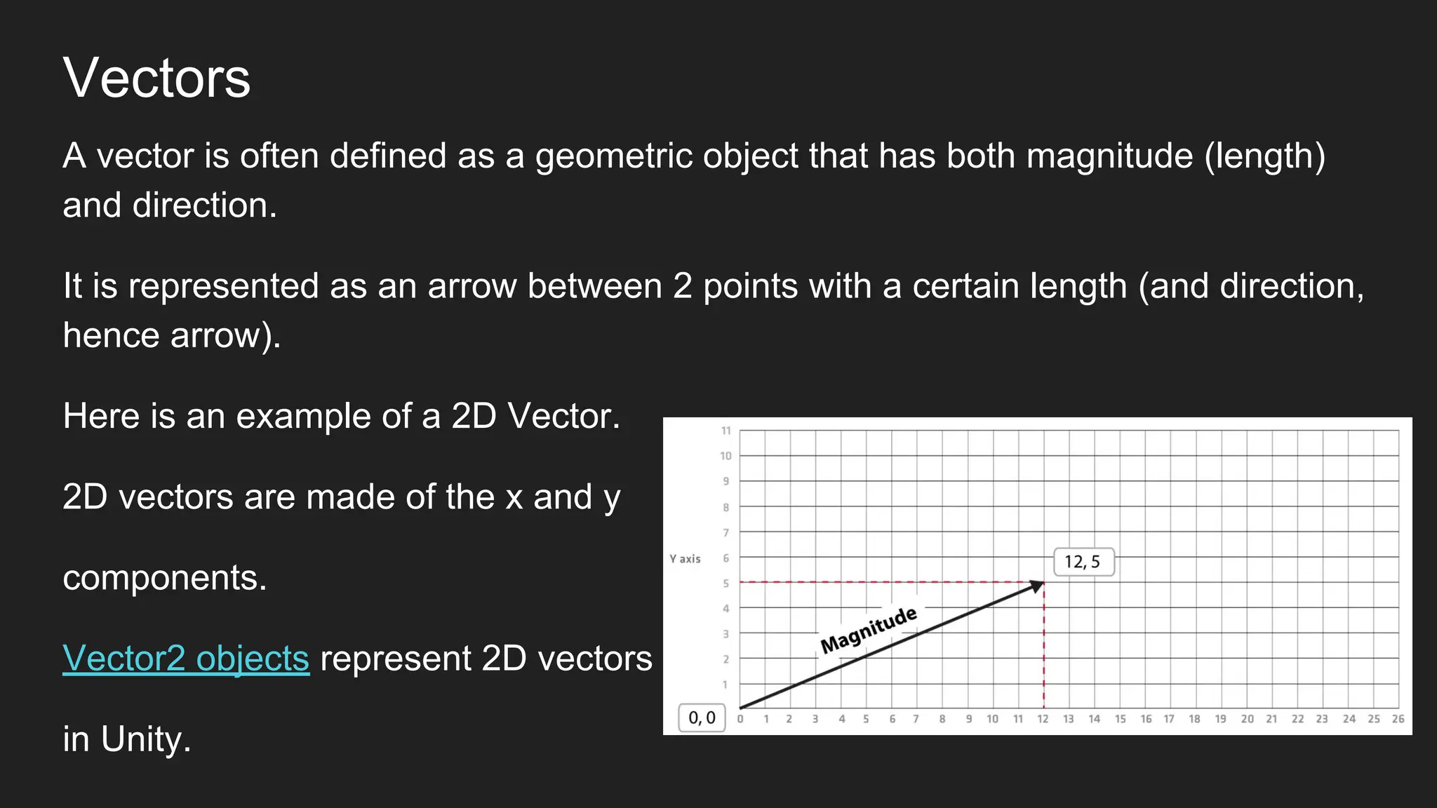 Vectors
A vector is often defined as a geometric object that has both magnitude (length)
and direction.
It is represented as an arrow between 2 points with a certain length (and direction,
hence arrow).
Here is an example of a 2D Vector.
2D vectors are made of the x and y
components.
Vector2 objects represent 2D vectors
in Unity.
 