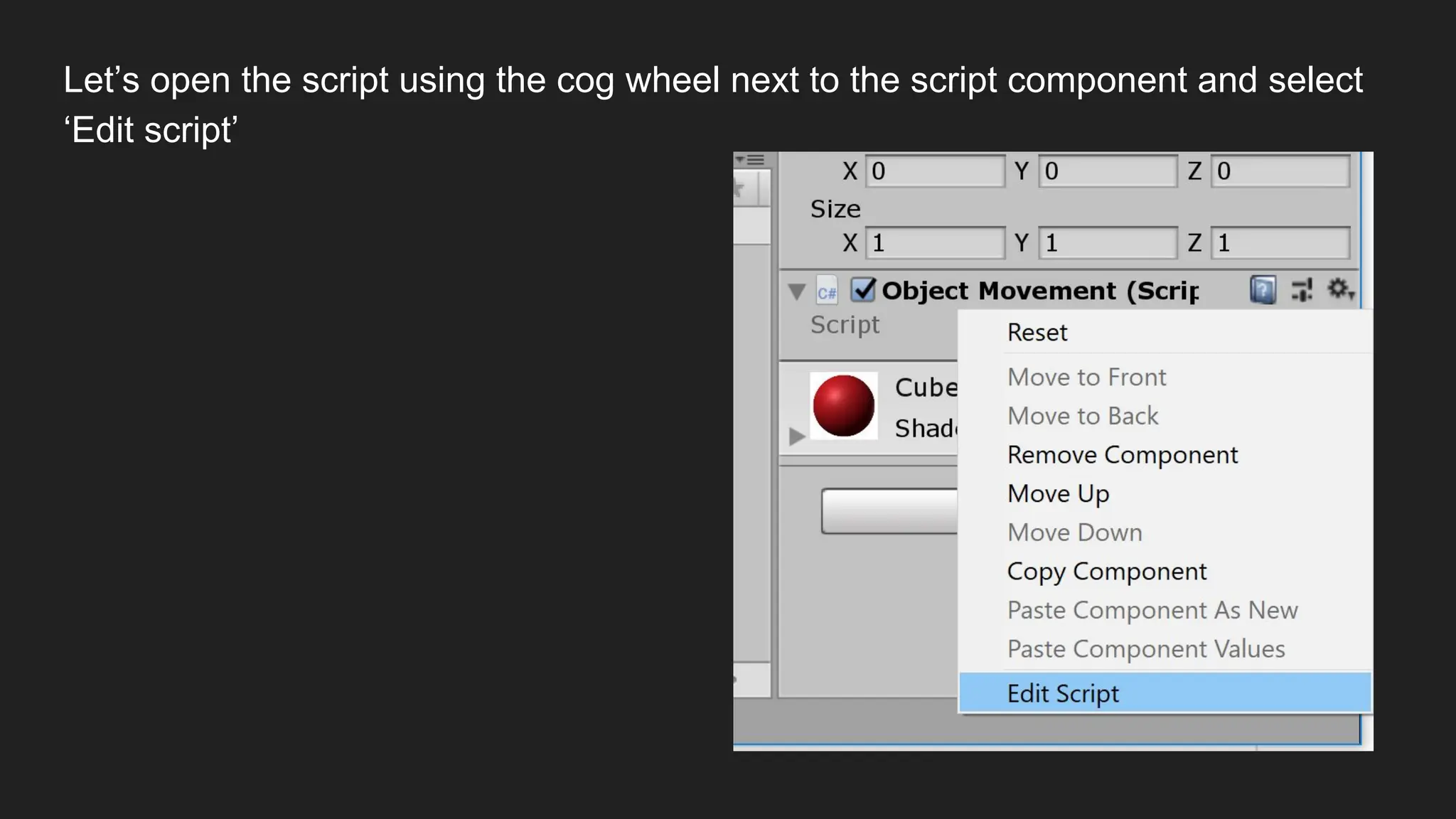 Let’s open the script using the cog wheel next to the script component and select
‘Edit script’
 