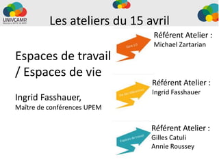Les ateliers du 15 avril
Espaces de travail
/ Espaces de vie
Ingrid Fasshauer,
Maître de conférences UPEM
Référent Atelier :
Michael Zartarian
Référent Atelier :
Ingrid Fasshauer
Référent Atelier :
Gilles Catuli
Annie Roussey
 