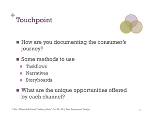 18
+
Touchpoint
n  How are you documenting the consumer’s
journey?
n  Some methods to use
n  Taskflows
n  Narratives
n  Storyboards
n  What are the unique opportunities offered
by each channel?
L.Teo | Miami Ad School “Industry Hero” Oct 25 – 28 | User Experience Design
 