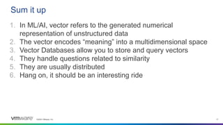 ©2023 VMware, Inc. 17
1. In ML/AI, vector refers to the generated numerical
representation of unstructured data
2. The vector encodes “meaning” into a multidimensional space
3. Vector Databases allow you to store and query vectors
4. They handle questions related to similarity
5. They are usually distributed
6. Hang on, it should be an interesting ride
Sum it up
 