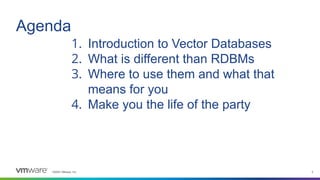 ©2023 VMware, Inc. 2
Agenda
1. Introduction to Vector Databases
2. What is different than RDBMs
3. Where to use them and what that
means for you
4. Make you the life of the party
 