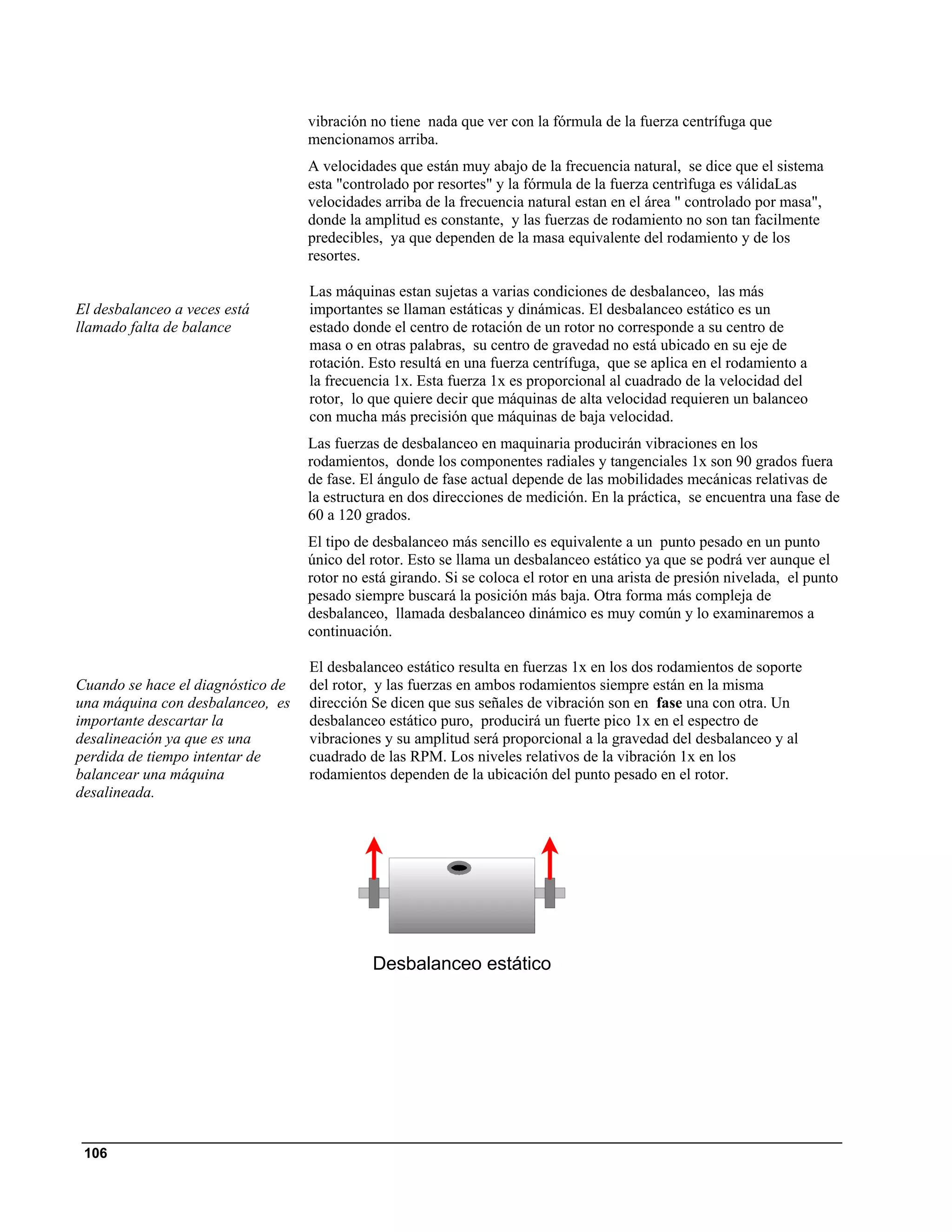 vibración no tiene nada que ver con la fórmula de la fuerza centrífuga que
                                   mencionamos arriba.
                                   A velocidades que están muy abajo de la frecuencia natural, se dice que el sistema
                                   esta "controlado por resortes" y la fórmula de la fuerza centrìfuga es válidaLas
                                   velocidades arriba de la frecuencia natural estan en el área " controlado por masa",
                                   donde la amplitud es constante, y las fuerzas de rodamiento no son tan facilmente
                                   predecibles, ya que dependen de la masa equivalente del rodamiento y de los
                                   resortes.

                                   Las máquinas estan sujetas a varias condiciones de desbalanceo, las más
El desbalanceo a veces está        importantes se llaman estáticas y dinámicas. El desbalanceo estático es un
llamado falta de balance           estado donde el centro de rotación de un rotor no corresponde a su centro de
                                   masa o en otras palabras, su centro de gravedad no está ubicado en su eje de
                                   rotación. Esto resultá en una fuerza centrífuga, que se aplica en el rodamiento a
                                   la frecuencia 1x. Esta fuerza 1x es proporcional al cuadrado de la velocidad del
                                   rotor, lo que quiere decir que máquinas de alta velocidad requieren un balanceo
                                   con mucha más precisión que máquinas de baja velocidad.
                                   Las fuerzas de desbalanceo en maquinaria producirán vibraciones en los
                                   rodamientos, donde los componentes radiales y tangenciales 1x son 90 grados fuera
                                   de fase. El ángulo de fase actual depende de las mobilidades mecánicas relativas de
                                   la estructura en dos direcciones de medición. En la práctica, se encuentra una fase de
                                   60 a 120 grados.
                                   El tipo de desbalanceo más sencillo es equivalente a un punto pesado en un punto
                                   único del rotor. Esto se llama un desbalanceo estático ya que se podrá ver aunque el
                                   rotor no está girando. Si se coloca el rotor en una arista de presión nivelada, el punto
                                   pesado siempre buscará la posición más baja. Otra forma más compleja de
                                   desbalanceo, llamada desbalanceo dinámico es muy común y lo examinaremos a
                                   continuación.

                                   El desbalanceo estático resulta en fuerzas 1x en los dos rodamientos de soporte
Cuando se hace el diagnóstico de   del rotor, y las fuerzas en ambos rodamientos siempre están en la misma
una máquina con desbalanceo, es    dirección Se dicen que sus señales de vibración son en fase una con otra. Un
importante descartar la            desbalanceo estático puro, producirá un fuerte pico 1x en el espectro de
desalineación ya que es una        vibraciones y su amplitud será proporcional a la gravedad del desbalanceo y al
perdida de tiempo intentar de      cuadrado de las RPM. Los niveles relativos de la vibración 1x en los
balancear una máquina              rodamientos dependen de la ubicación del punto pesado en el rotor.
desalineada.




                                             Desbalanceo estático




 106
 