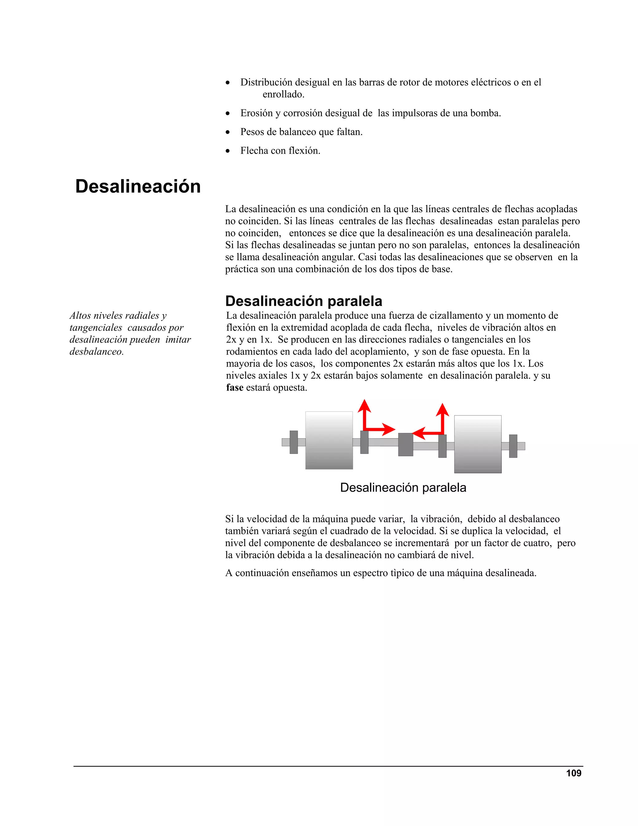 •   Distribución desigual en las barras de rotor de motores eléctricos o en el
                                       enrollado.
                              •   Erosión y corrosión desigual de las impulsoras de una bomba.
                              •   Pesos de balanceo que faltan.
                              •   Flecha con flexión.


 Desalineación
                              La desalineación es una condición en la que las líneas centrales de flechas acopladas
                              no coinciden. Si las líneas centrales de las flechas desalineadas estan paralelas pero
                              no coinciden, entonces se dice que la desalineación es una desalineación paralela.
                              Si las flechas desalineadas se juntan pero no son paralelas, entonces la desalineación
                              se llama desalineación angular. Casi todas las desalineaciones que se observen en la
                              práctica son una combinación de los dos tipos de base.


                              Desalineación paralela
Altos niveles radiales y      La desalineación paralela produce una fuerza de cizallamento y un momento de
tangenciales causados por     flexión en la extremidad acoplada de cada flecha, niveles de vibración altos en
desalineación pueden imitar   2x y en 1x. Se producen en las direcciones radiales o tangenciales en los
desbalanceo.                  rodamientos en cada lado del acoplamiento, y son de fase opuesta. En la
                              mayoria de los casos, los componentes 2x estarán más altos que los 1x. Los
                              niveles axiales 1x y 2x estarán bajos solamente en desalinación paralela. y su
                              fase estará opuesta.




                                                          Desalineación paralela

                              Si la velocidad de la máquina puede variar, la vibración, debido al desbalanceo
                              también variará según el cuadrado de la velocidad. Si se duplica la velocidad, el
                              nivel del componente de desbalanceo se incrementará por un factor de cuatro, pero
                              la vibración debida a la desalineación no cambiará de nivel.
                              A continuación enseñamos un espectro tìpico de una máquina desalineada.




                                                                                                                109
 