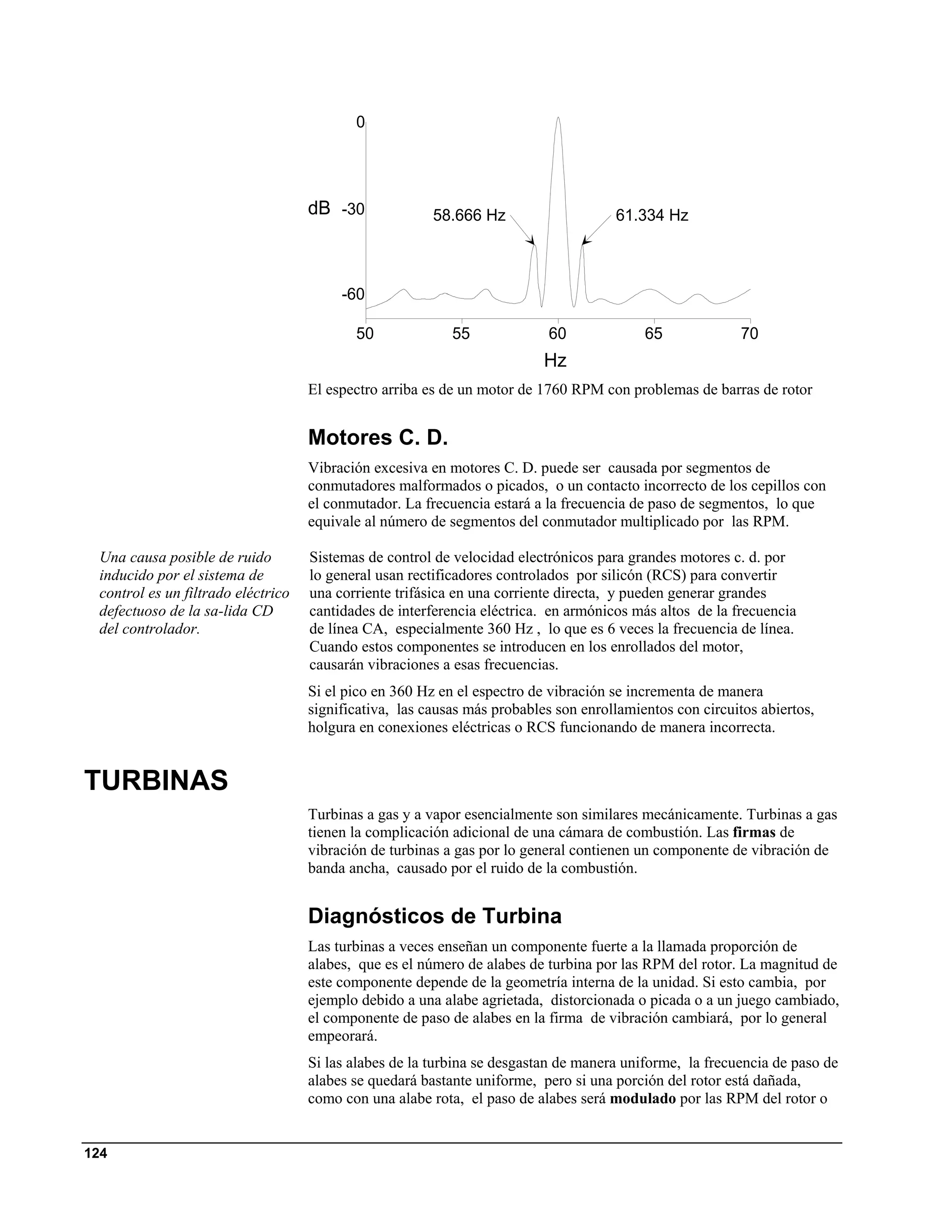 0




                                    dB -30              58.666 Hz                    61.334 Hz



                                         -60

                                           50              55              60             65              70
                                                                          Hz
                                    El espectro arriba es de un motor de 1760 RPM con problemas de barras de rotor


                                    Motores C. D.
                                    Vibración excesiva en motores C. D. puede ser causada por segmentos de
                                    conmutadores malformados o picados, o un contacto incorrecto de los cepillos con
                                    el conmutador. La frecuencia estará a la frecuencia de paso de segmentos, lo que
                                    equivale al número de segmentos del conmutador multiplicado por las RPM.

 Una causa posible de ruido         Sistemas de control de velocidad electrónicos para grandes motores c. d. por
 inducido por el sistema de         lo general usan rectificadores controlados por silicón (RCS) para convertir
 control es un filtrado eléctrico   una corriente trifásica en una corriente directa, y pueden generar grandes
 defectuoso de la sa-lida CD        cantidades de interferencia eléctrica. en armónicos más altos de la frecuencia
 del controlador.                   de línea CA, especialmente 360 Hz , lo que es 6 veces la frecuencia de línea.
                                    Cuando estos componentes se introducen en los enrollados del motor,
                                    causarán vibraciones a esas frecuencias.
                                    Si el pico en 360 Hz en el espectro de vibración se incrementa de manera
                                    significativa, las causas más probables son enrollamientos con circuitos abiertos,
                                    holgura en conexiones eléctricas o RCS funcionando de manera incorrecta.


TURBINAS
                                    Turbinas a gas y a vapor esencialmente son similares mecánicamente. Turbinas a gas
                                    tienen la complicación adicional de una cámara de combustión. Las firmas de
                                    vibración de turbinas a gas por lo general contienen un componente de vibración de
                                    banda ancha, causado por el ruido de la combustión.


                                    Diagnósticos de Turbina
                                    Las turbinas a veces enseñan un componente fuerte a la llamada proporción de
                                    alabes, que es el número de alabes de turbina por las RPM del rotor. La magnitud de
                                    este componente depende de la geometría interna de la unidad. Si esto cambia, por
                                    ejemplo debido a una alabe agrietada, distorcionada o picada o a un juego cambiado,
                                    el componente de paso de alabes en la firma de vibración cambiará, por lo general
                                    empeorará.
                                    Si las alabes de la turbina se desgastan de manera uniforme, la frecuencia de paso de
                                    alabes se quedará bastante uniforme, pero si una porción del rotor está dañada,
                                    como con una alabe rota, el paso de alabes será modulado por las RPM del rotor o


124
 