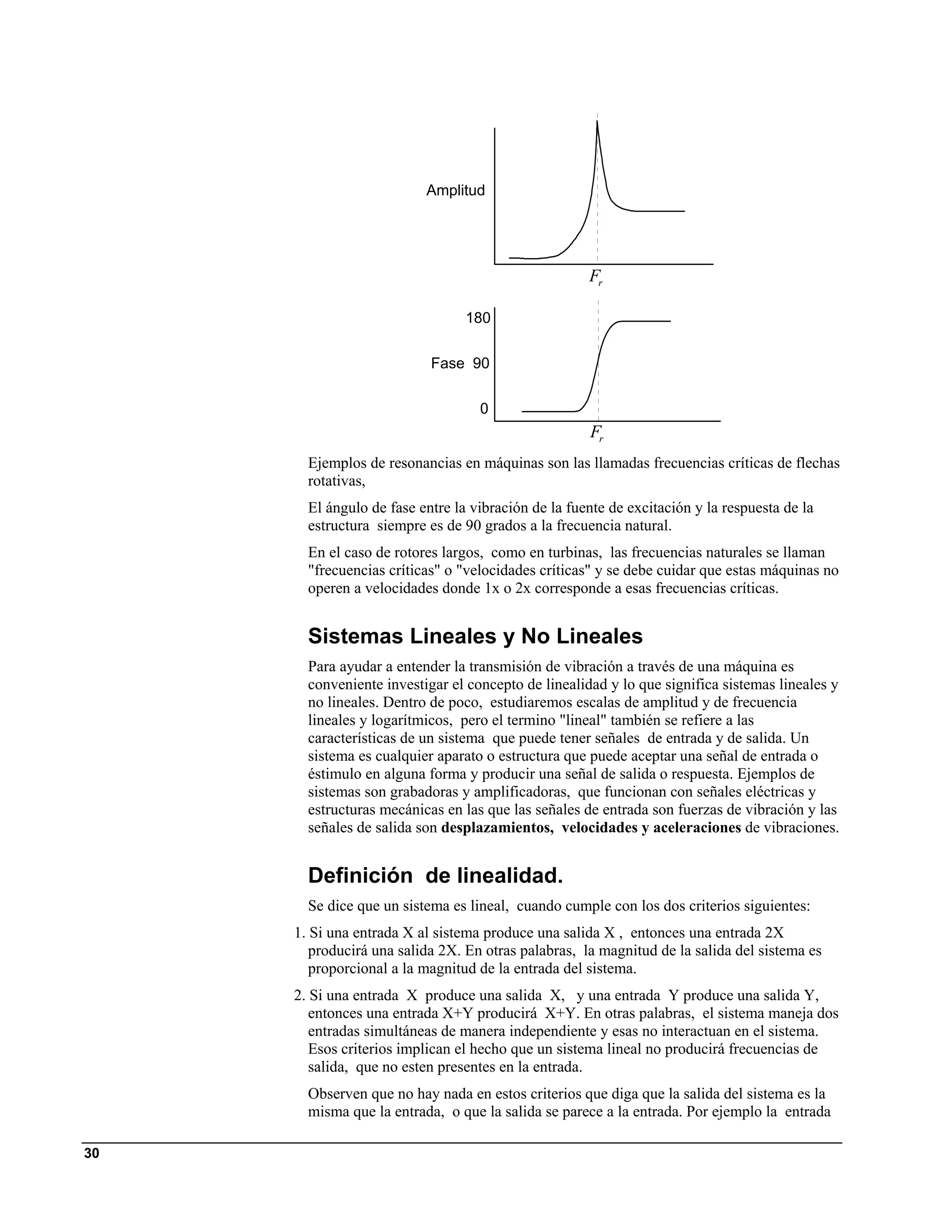 Amplitud




                                                     Fr

                                 180


                           Fase 90


                                   0
                                                     Fr
       Ejemplos de resonancias en máquinas son las llamadas frecuencias críticas de flechas
       rotativas,
       El ángulo de fase entre la vibración de la fuente de excitación y la respuesta de la
       estructura siempre es de 90 grados a la frecuencia natural.
       En el caso de rotores largos, como en turbinas, las frecuencias naturales se llaman
       "frecuencias críticas" o "velocidades críticas" y se debe cuidar que estas máquinas no
       operen a velocidades donde 1x o 2x corresponde a esas frecuencias críticas.


       Sistemas Lineales y No Lineales
       Para ayudar a entender la transmisión de vibración a través de una máquina es
       conveniente investigar el concepto de linealidad y lo que significa sistemas lineales y
       no lineales. Dentro de poco, estudiaremos escalas de amplitud y de frecuencia
       lineales y logarítmicos, pero el termino "lineal" también se refiere a las
       características de un sistema que puede tener señales de entrada y de salida. Un
       sistema es cualquier aparato o estructura que puede aceptar una señal de entrada o
       éstimulo en alguna forma y producir una señal de salida o respuesta. Ejemplos de
       sistemas son grabadoras y amplificadoras, que funcionan con señales eléctricas y
       estructuras mecánicas en las que las señales de entrada son fuerzas de vibración y las
       señales de salida son desplazamientos, velocidades y aceleraciones de vibraciones.


       Definición de linealidad.
       Se dice que un sistema es lineal, cuando cumple con los dos criterios siguientes:
     1. Si una entrada X al sistema produce una salida X , entonces una entrada 2X
        producirá una salida 2X. En otras palabras, la magnitud de la salida del sistema es
        proporcional a la magnitud de la entrada del sistema.
     2. Si una entrada X produce una salida X, y una entrada Y produce una salida Y,
        entonces una entrada X+Y producirá X+Y. En otras palabras, el sistema maneja dos
        entradas simultáneas de manera independiente y esas no interactuan en el sistema.
        Esos criterios implican el hecho que un sistema lineal no producirá frecuencias de
        salida, que no esten presentes en la entrada.
       Observen que no hay nada en estos criterios que diga que la salida del sistema es la
       misma que la entrada, o que la salida se parece a la entrada. Por ejemplo la entrada

30
 