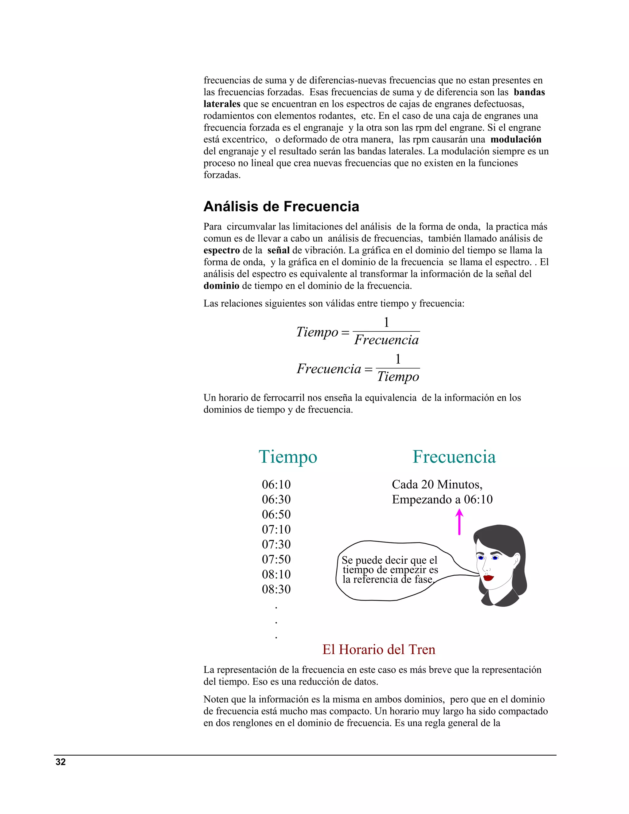 frecuencias de suma y de diferencias-nuevas frecuencias que no estan presentes en
     las frecuencias forzadas. Esas frecuencias de suma y de diferencia son las bandas
     laterales que se encuentran en los espectros de cajas de engranes defectuosas,
     rodamientos con elementos rodantes, etc. En el caso de una caja de engranes una
     frecuencia forzada es el engranaje y la otra son las rpm del engrane. Si el engrane
     está excentrico, o deformado de otra manera, las rpm causarán una modulación
     del engranaje y el resultado serán las bandas laterales. La modulación siempre es un
     proceso no lineal que crea nuevas frecuencias que no existen en la funciones
     forzadas.


     Análisis de Frecuencia
     Para circumvalar las limitaciones del análisis de la forma de onda, la practica más
     comun es de llevar a cabo un análisis de frecuencias, también llamado análisis de
     espectro de la señal de vibración. La gráfica en el dominio del tiempo se llama la
     forma de onda, y la gráfica en el dominio de la frecuencia se llama el espectro. . El
     análisis del espectro es equivalente al transformar la información de la señal del
     dominio de tiempo en el dominio de la frecuencia.
     Las relaciones siguientes son válidas entre tiempo y frecuencia:
                                         1
                           Tiempo =
                                    Frecuencia
                                           1
                           Frecuencia =
                                        Tiempo
     Un horario de ferrocarril nos enseña la equivalencia de la información en los
     dominios de tiempo y de frecuencia.



                  Tiempo                                Frecuencia
                   06:10                           Cada 20 Minutos,
                   06:30                           Empezando a 06:10
                   06:50
                   07:10
                   07:30
                   07:50              Se puede decir que el
                   08:10              tiempo de empezir es
                                      la referencia de fase.
                   08:30
                     .
                     .
                     .
                                  El Horario del Tren
     La representación de la frecuencia en este caso es más breve que la representación
     del tiempo. Eso es una reducción de datos.
     Noten que la información es la misma en ambos dominios, pero que en el dominio
     de frecuencia está mucho mas compacto. Un horario muy largo ha sido compactado
     en dos renglones en el dominio de frecuencia. Es una regla general de la


32
 