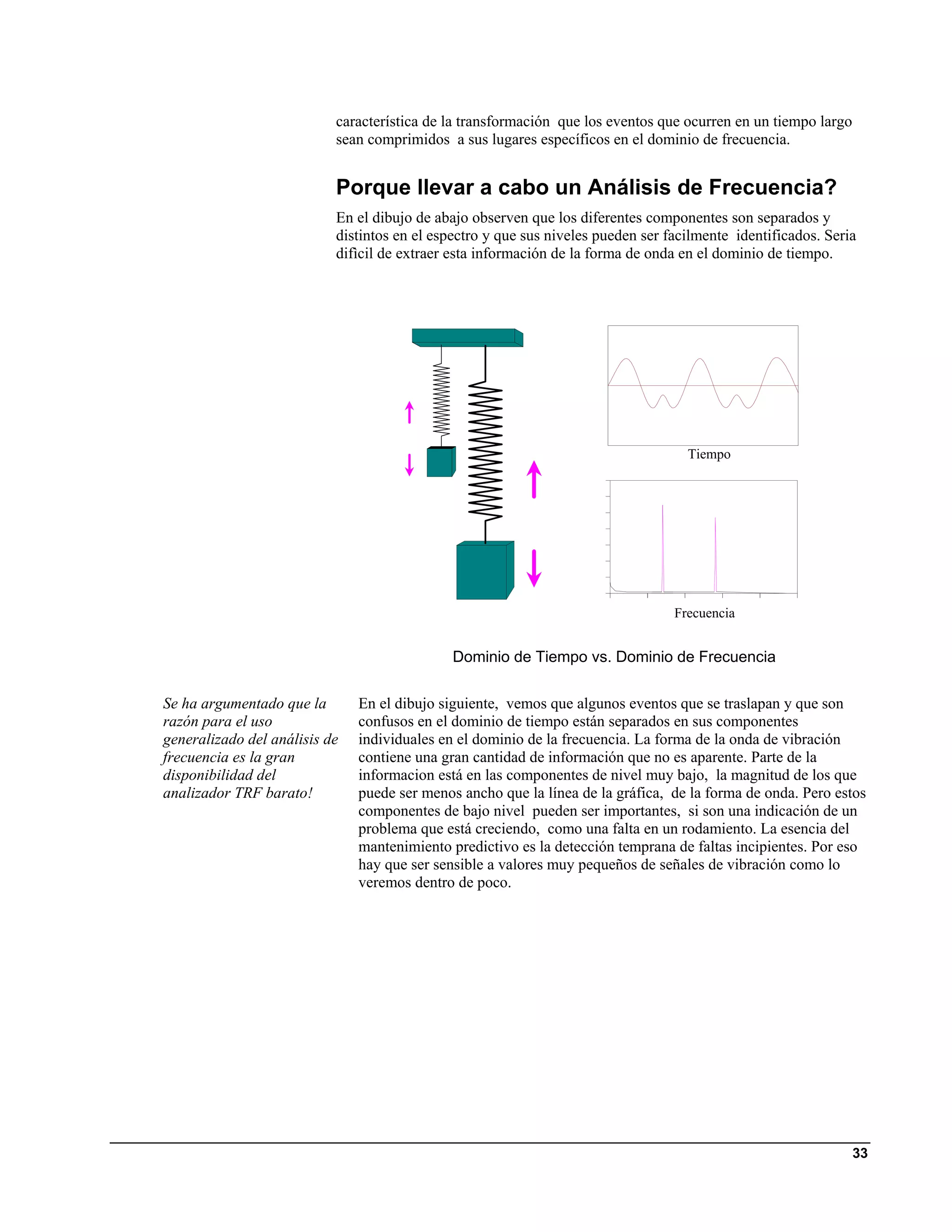 característica de la transformación que los eventos que ocurren en un tiempo largo
                           sean comprimidos a sus lugares específicos en el dominio de frecuencia.


                           Porque llevar a cabo un Análisis de Frecuencia?
                           En el dibujo de abajo observen que los diferentes componentes son separados y
                           distintos en el espectro y que sus niveles pueden ser facilmente identificados. Seria
                           difìcil de extraer esta información de la forma de onda en el dominio de tiempo.




                                                                                    Tiempo




                                                                                  Frecuencia


                                              Dominio de Tiempo vs. Dominio de Frecuencia

Se ha argumentado que la       En el dibujo siguiente, vemos que algunos eventos que se traslapan y que son
razón para el uso              confusos en el dominio de tiempo están separados en sus componentes
generalizado del análisis de   individuales en el dominio de la frecuencia. La forma de la onda de vibración
frecuencia es la gran          contiene una gran cantidad de información que no es aparente. Parte de la
disponibilidad del             informacion está en las componentes de nivel muy bajo, la magnitud de los que
analizador TRF barato!         puede ser menos ancho que la línea de la gráfica, de la forma de onda. Pero estos
                               componentes de bajo nivel pueden ser importantes, si son una indicación de un
                               problema que está creciendo, como una falta en un rodamiento. La esencia del
                               mantenimiento predictivo es la detección temprana de faltas incipientes. Por eso
                               hay que ser sensible a valores muy pequeños de señales de vibración como lo
                               veremos dentro de poco.




                                                                                                                33
 